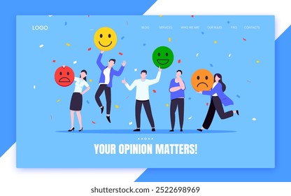 Employee happiness and work attitude feedback business concept flat style vector illustration. Business people with various feedback emoticons. Working wellbeing and satisfaction feedback