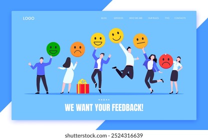 Employee happiness and work attitude feedback business concept flat style vector illustration. Business people with various feedback emoticons. Working wellbeing and satisfaction feedback