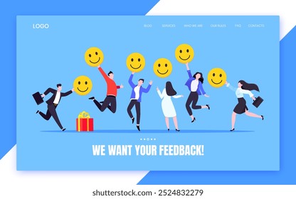 Felicidade do funcionário e feedback de atitude de trabalho conceito empresarial ilustração de vetor de estilo plano. Empresários com vários emoticons de comentários. Bem-estar e satisfação no trabalho