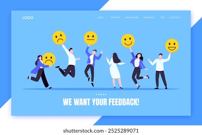 Employee happiness and work attitude feedback business concept flat style vector illustration. Business people with various feedback emoticons. Working wellbeing and satisfaction feedback