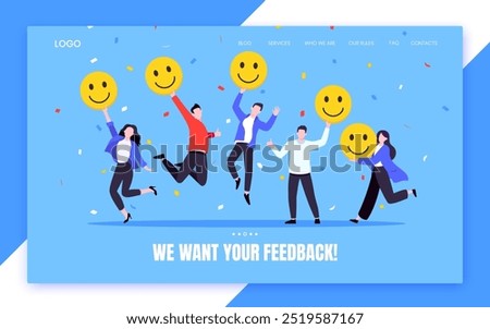 Employee happiness and work attitude feedback business concept flat style vector illustration. Business people with various feedback emoticons. Working wellbeing and satisfaction feedback