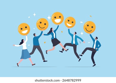 Felicidade do funcionário, satisfação ou bem-estar no local de trabalho, sentimento positivo, prazer ou prazer, conceito de saudação de prazer, colegas de negócios saltando segurando sorriso expressão de rosto feliz.