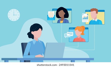 An employee is having a conversation with her co-workers. Documents and information are exchanged with them. Email, chat, and data icons appear next to other characters. Flat design vector.