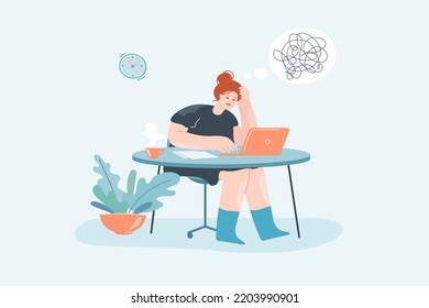 Employee having psychological problems flat vector illustration. Depressed woman sitting at table and working. Healthcare, mental health concept for banner, website design or landing web page