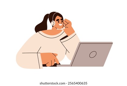 Employee in headset at laptop. Happy office worker at work, online video conference call. Business woman in headphones at virtual communication. Flat vector illustration isolated on white background