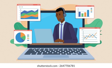 Employee in headset on laptop screen works and analyzes data and charts. Character work on laptop. Office and data analysis. Charts with marketing results and stock market. Flat design vector.