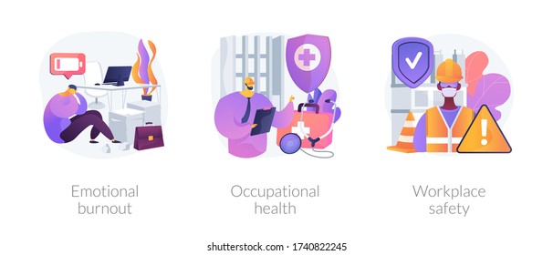 Employee Health Abstract Concept Vector Illustration Set. Emotional Burnout, Occupational Health, Workplace Safety, Overload, Injury Prevention, Labor Condition, Working Environment Abstract Metaphor.