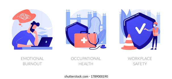 Employee health abstract concept vector illustration set. Emotional burnout, occupational health, workplace safety, overload, injury prevention, labor condition, working environment abstract metaphor.