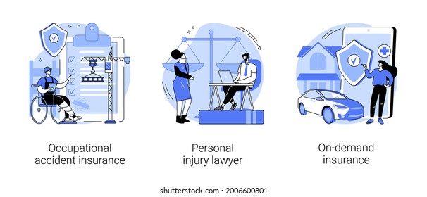 Employee health abstract concept vector illustration set. Occupational accident insurance, personal injury lawyer, on-demand coverage policy, worker injury, legal services abstract metaphor.