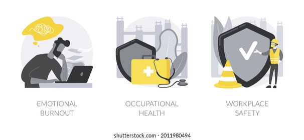 Employee Health Abstract Concept Vector Illustration Set. Emotional Burnout, Occupational Health, Workplace Safety, Overload, Injury Prevention, Labor Condition, Working Environment Abstract Metaphor.