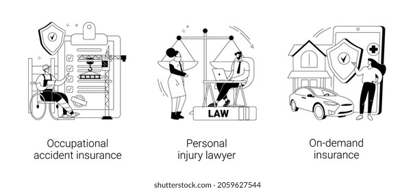 Employee health abstract concept vector illustration set. Occupational accident insurance, personal injury lawyer, on-demand coverage policy, worker injury, legal services abstract metaphor.