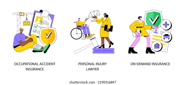 Employee Health Abstract Concept Vector Illustration Set. Occupational Accident Insurance, Personal Injury Lawyer, On-demand Coverage Policy, Worker Injury, Legal Services Abstract Metaphor.