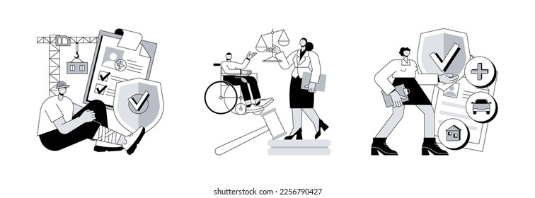 Employee health abstract concept vector illustration set. Occupational accident insurance, personal injury lawyer, on-demand coverage policy, worker injury, legal services abstract metaphor.