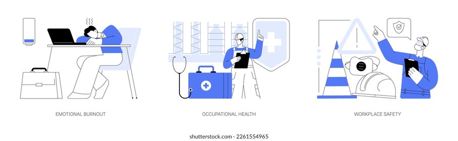 Employee health abstract concept vector illustration set. Emotional burnout, occupational health, workplace safety, overload, injury prevention, labor condition, working environment abstract metaphor.