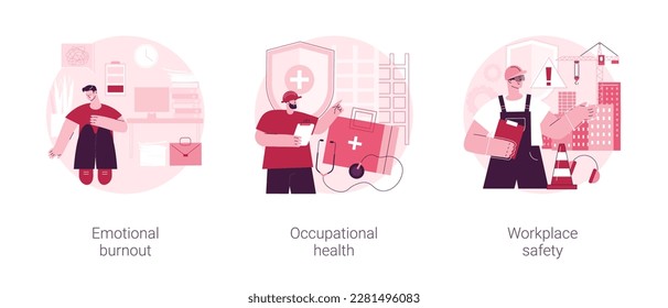 Employee health abstract concept vector illustration set. Emotional burnout, occupational health, workplace safety, overload, injury prevention, labor condition, working environment abstract metaphor.