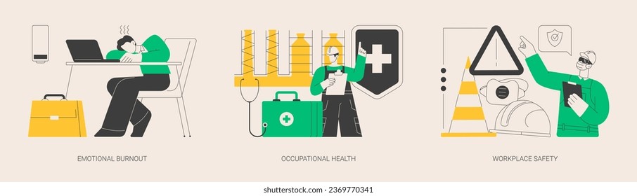 Employee health abstract concept vector illustration set. Emotional burnout, occupational health, workplace safety, overload, injury prevention, labor condition, working environment abstract metaphor.