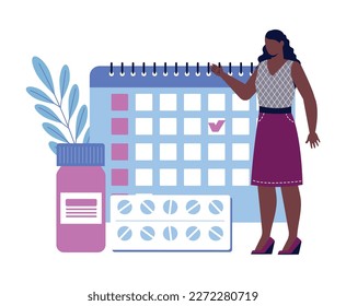 Employee health concept. Woman with pills on background of calendar. Menstruation and PMS. Feminine hygiene and womens health. Worker with hormonal medicines. Cartoon flat vector illustration