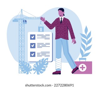 Employee health concept. Young guy with broken leg. Man in front of construction crane with medical suitcase. Labor condition and occupational health, insurance. Cartoon flat vector illustration