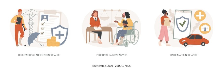 Employee health isolated concept vector illustration set. Occupational accident insurance, personal injury lawyer, on-demand coverage policy, worker injury, legal services vector concept.