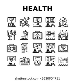 employee health office wellness icons set vector. fitness, nutrition, stress, exercise, hydration, mindfulness ergonomics resilience employee health office wellness black contour illustrations