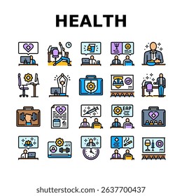 employee health office wellness icons set vector. fitness, nutrition, stress, exercise, hydration, mindfulness ergonomics resilience employee health office wellness color line illustrations