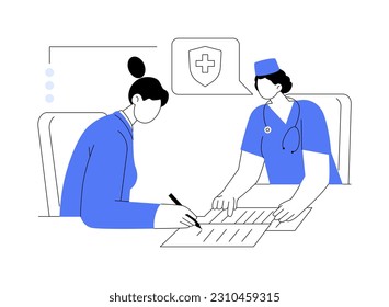 Employee healthcare insurance abstract concept vector illustration. Smiling woman signs document to get healthcare insurance, business etiquette, company rules, social security abstract metaphor.