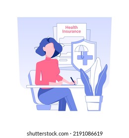 Employee healthcare insurance isolated concept vector illustration. Smiling woman signs document to get healthcare insurance, business etiquette, company rules, social security vector concept.