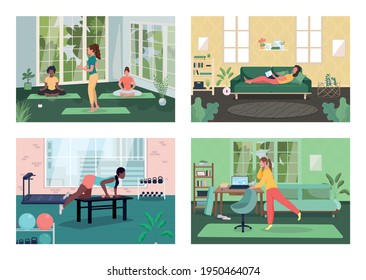 Employee healthy lifestyle flat color vector illustration set. Female freelancer on couch with laptop. Meditation class. Office gym. Women 2D cartoon characters with interior on background collection