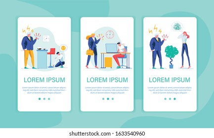 Employee Hiding Behind Counter in Cafeteria to Avoid Meeting with Yelling Supervisor. Lady Boss Dressing Down Negligent Subordinate. Assistant with Headache Because Pressing Chief. Three Banners Set.