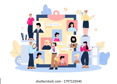 Employee hiring banner with cartoon HR people looking at job candidates pictures on giant clipboard. Recruitment team concept, vector illustration.