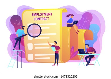 Employee hiring. Business document. HR management. Employment agreement, employment contract form, employee and employer relations concept. Bright vibrant violet vector isolated illustration