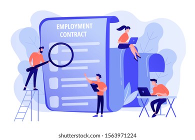 Employee hiring. Business document. HR management. Employment agreement, employment contract form, employee and employer relations concept. Pink coral blue vector isolated illustration