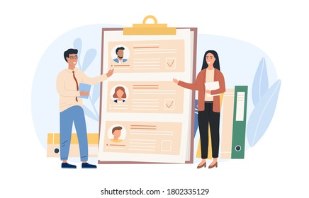 Employee Hiring Concept. A man and a woman choose the best candidate for the job. Recruiters review information about potential employees. Searching for professional staff. Flat Vector Illustration