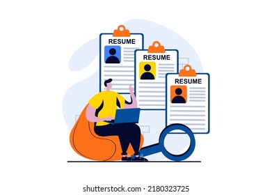 Employee hiring process concept with people scene in flat cartoon design. Man looks to best resumes and selects staff. Human resources and recruitment. Vector illustration visual story for web