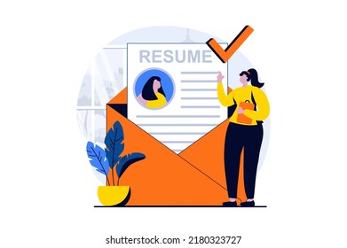 Employee hiring process concept with people scene in flat cartoon design. woman writes and sends online resume to company. Human resources and recruitment. Vector illustration visual story for web