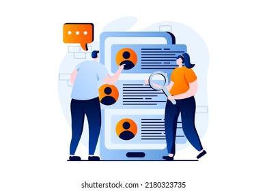 Employee hiring process concept with people scene in flat cartoon design. Man and woman looking for candidates for open vacancy and choosing new employee. Vector illustration visual story for web
