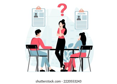 Employee hiring process concept with people scene in flat design. Woman thinking and choosing between job applicants to office at job interview. Vector illustration with character situation for web