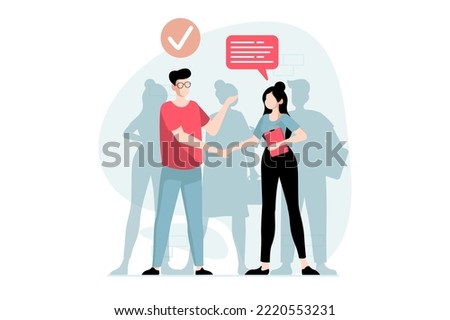 Employee hiring process concept with people scene in flat design. HR manager shakes hands with applicant and hires best candidate after interview. Vector illustration with character situation for web
