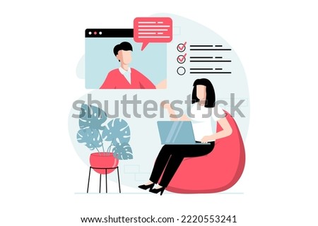 Employee hiring process concept with people scene in flat design. HR manager conducts online interview and working skills test with job seeker. Vector illustration with character situation for web