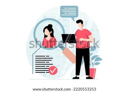 Employee hiring process concept with people scene in flat design. Man working as HR manager, looking resume, chooses best candidate for staff. Vector illustration with character situation for web