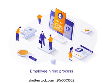 Employee hiring process isometric web concept. People look at resume, choose candidate for vacancy, conduct job interview. Human resources scene. Vector illustration for website template in 3d design
