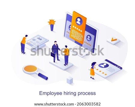 Employee hiring process isometric web concept. People look at resume, choose candidate for vacancy, conduct job interview. Human resources scene. Vector illustration for website template in 3d design