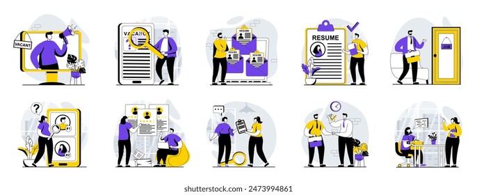 Employee hiring process web concept with people scenes mega set in flat design. Bundle of character situations with human resources, staff recruitment, finding candidates online. Vector illustrations.