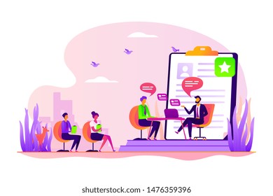 Employee hiring. Recruiter and vacancy candidates. Personnel recruitment. HR management. Job interview, employment process, choosing a candidate concept. Vector isolated concept creative illustration