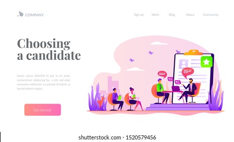 Employee hiring. Recruiter and vacancy candidates. Personnel recruitment. HR management. Job interview, employment process, choosing a candidate concept. Website homepage header landing web page