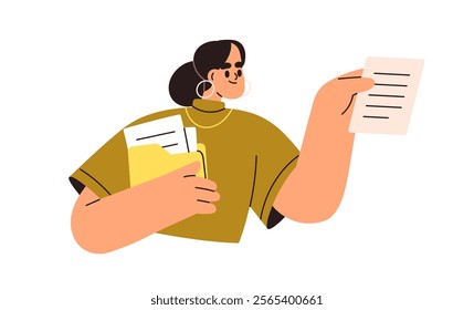 Employee holding documents and folder. Professional, office worker reviewing, analyzing business paper, report, file, archive. Paperwork concept. Flat vector illustration isolated on white background