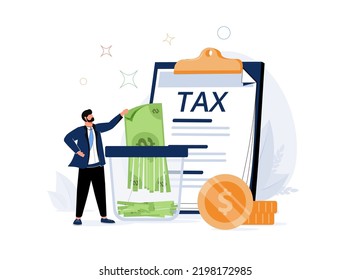 Employee holding scissors to cut banknotes. Reduction of income due to tax deduction for tiny woman flat vector illustration. Taxation, debt concept for banner, website design or landing web page