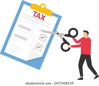 Empleado sujetando tijeras para cortar billetes. Reducción de ingresos debido a la deducción de impuestos para la Ilustración vectorial plana de hombre pequeño. Tributación, concepto de deuda para Anuncio, diseño de Sitio web o página de Web de aterrizaje

