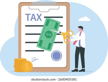 Employee holding scissors to cut banknotes. Reduction of income due to tax deduction for man flat vector illustration.

