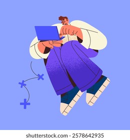 Employee holds laptop in hands, works online. Office worker typing, communicates in Internet. Business person programming, analyzes data, chats using computer. Flat isolated vector illustration